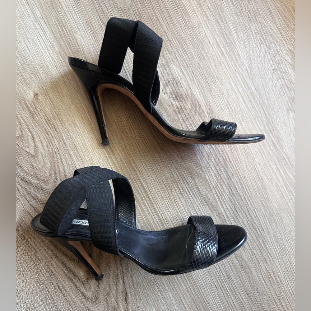 Manolo Blahnik Black Elastic Strappy Snakeskin Open Toe Heel Sandals Size 39 - Picture 3 of 9